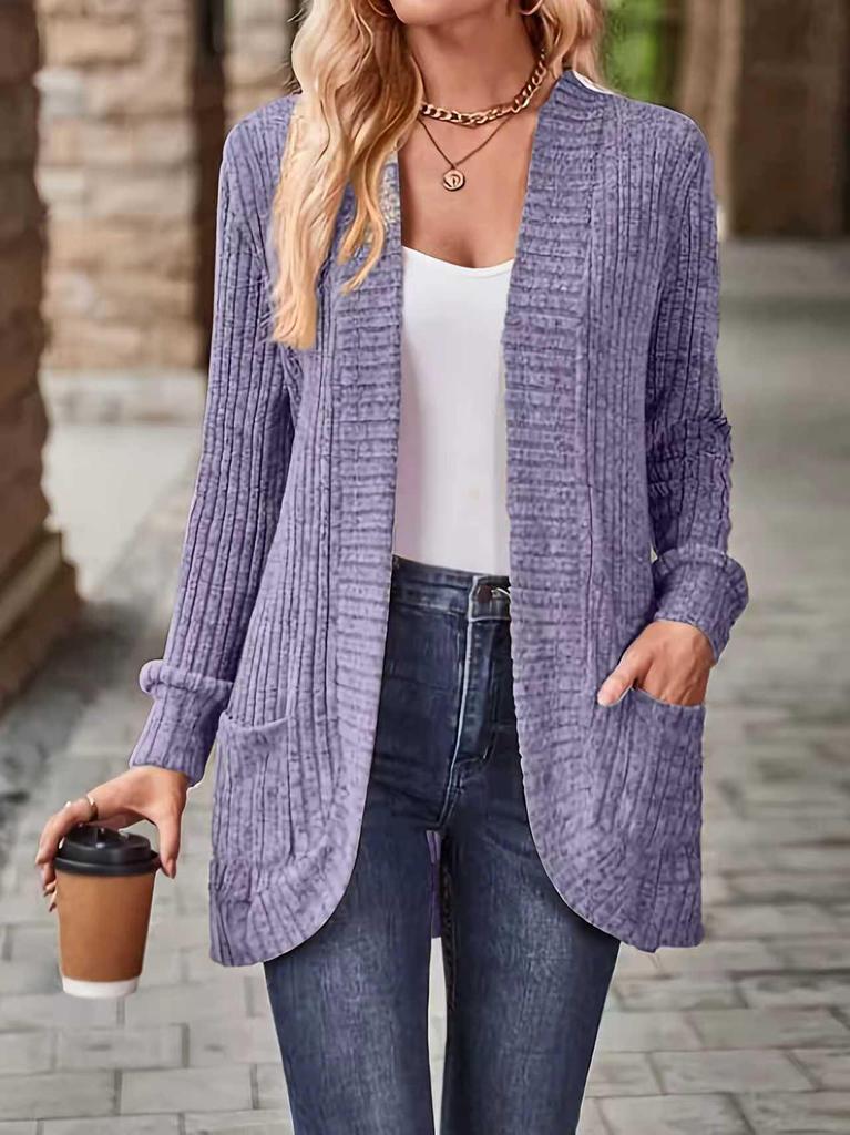 Cardigan lavorato a maglia da donna taglie forti, tinta unita, a maniche lunghe