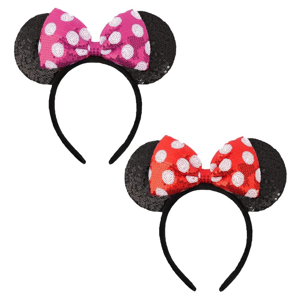 Shiny Sequin Mouse Ear Headbands, 2 PCS Classic Bow Headbands for Adult Women and Girls (Red Sequin & Red Dot)