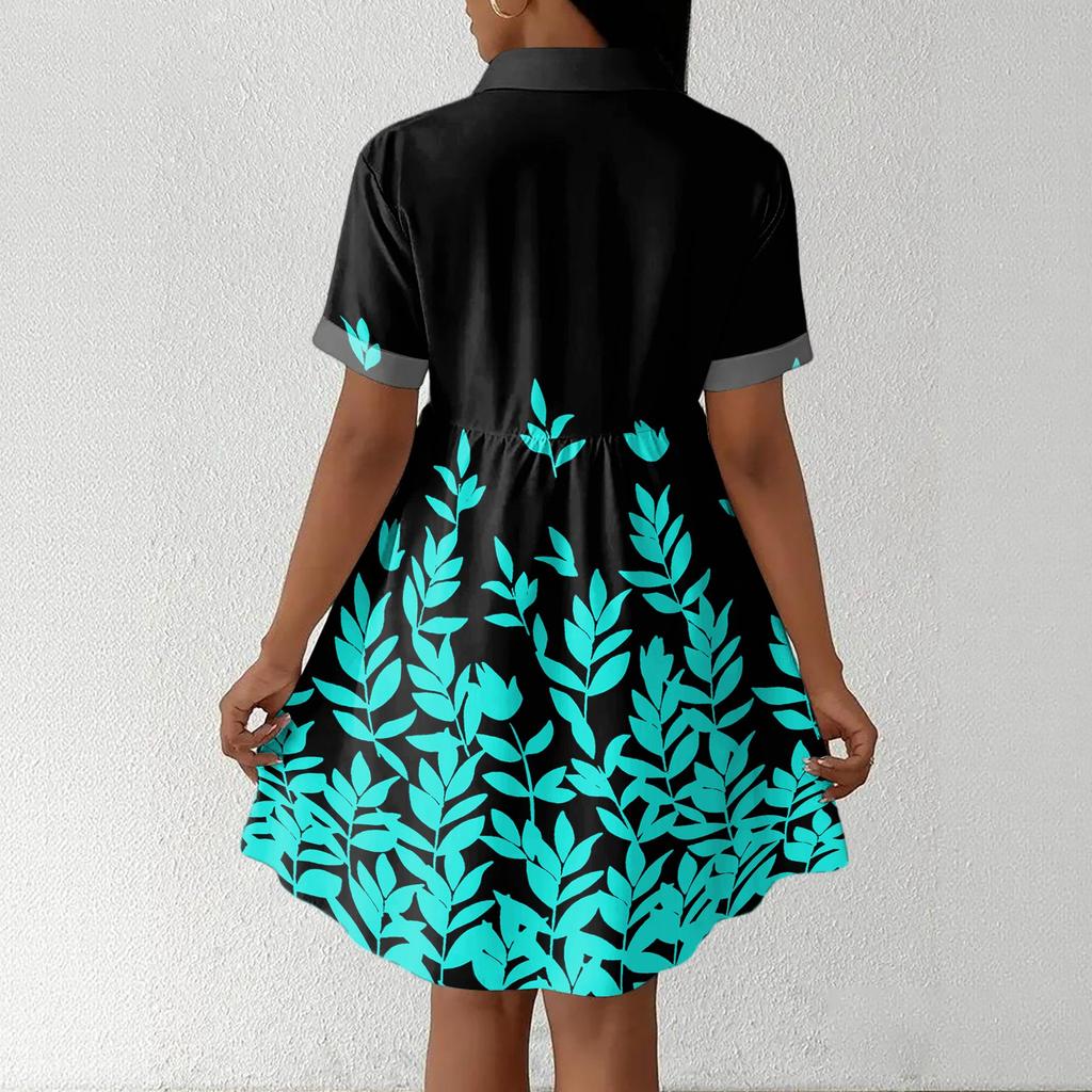 Women's Casual Loose Fit Shirt Dress Button Front Short Sleeve Collared Dress with Floral Print Suitable for Daily Wear and Outdoor Activities
