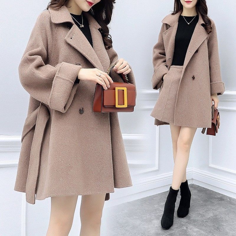 Women Winter Long Slim Woolen Blend Coat and Short Skirt Suit Women Woolen Coat Jacket Casual Outerwear Elegant
