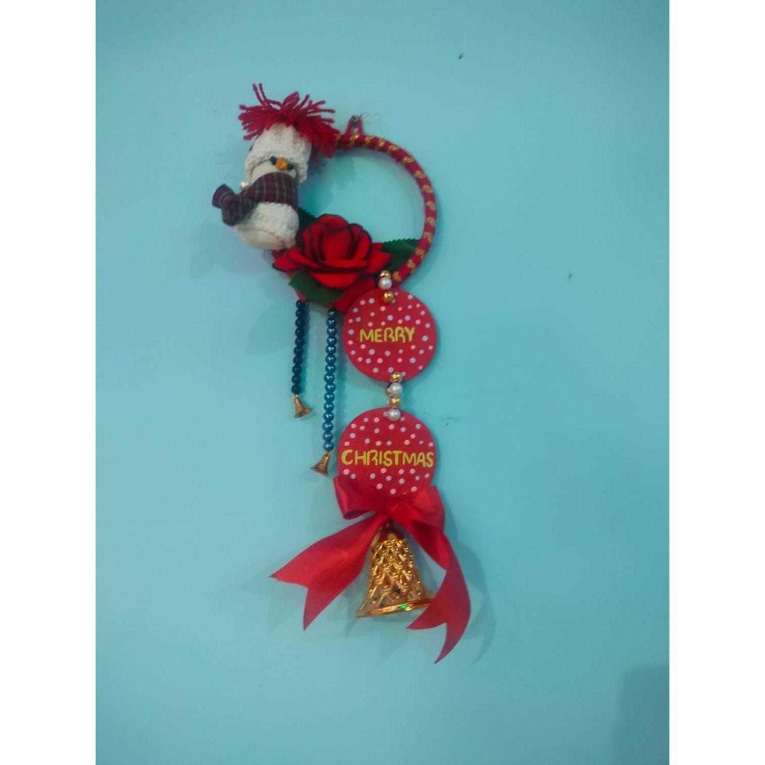 

Handcrafted Christmas Wall Hanging Decoration, Red Rose with Snowman, Pearl Beads and Bells with Merry Christmas Message