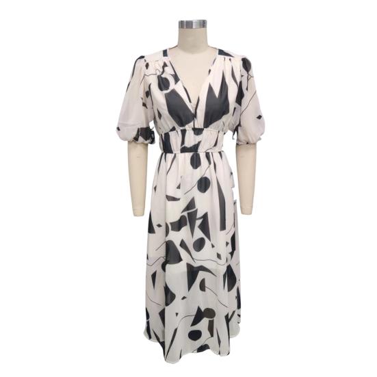 Damen Sommer V-Ausschnitt Maxikleid Lässiges Boho Blumenmuster Lange Kleider Kurze Puffärmel Fließendes Strandkleid Hochzeitsgästekleid