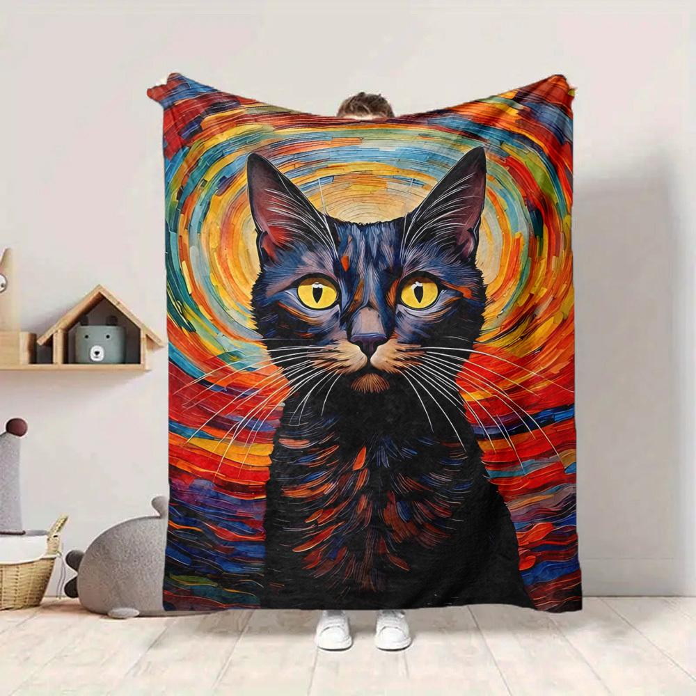1pc Colorful Cat Art Soft & Warm Polyester Knit Blanket, Digital Printed, All-Season Throw for Napping, Traveling, Sofa yy250906020
