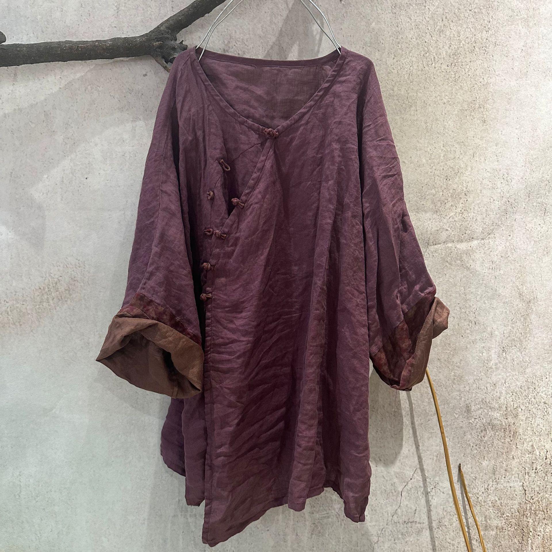 

Johnature Women Shirts Vintage Solid Color Tops V-Neck Long Sleeve Autumn Patchwork Button Chinese Style Shirts One Size