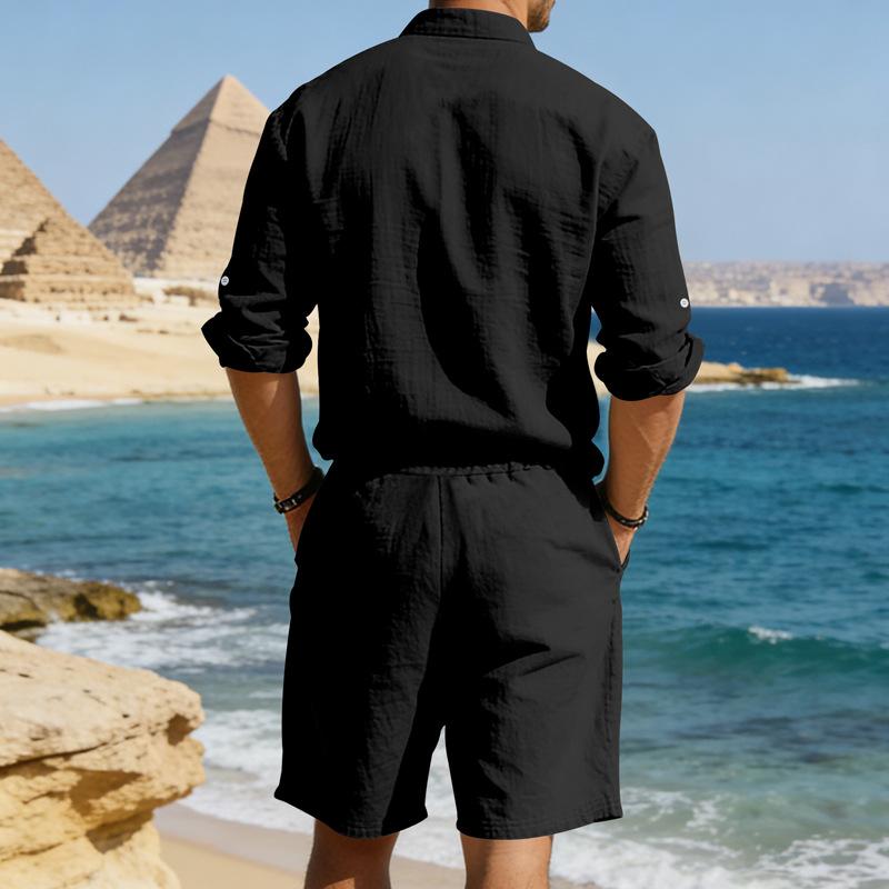 Mens American Style Casual Loose Long Sleeve Shirt And Shorts Set