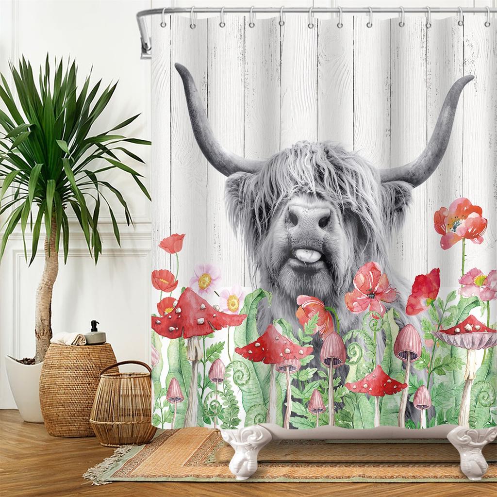 Farmhouse Highland Cow Shower Curtain With Hooks Funny Bull Cattle Bull Floral Decor Country Style Bothroom Curtain