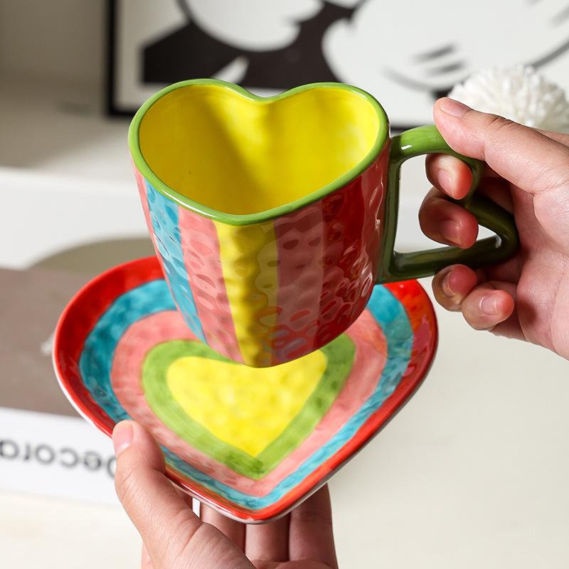 Creative Ceramic Mugs Striped Rainbow Couple Ceramic Heart-shaped Cups Coffee Cup Afternoon Tea Accessories Drinking Utensils