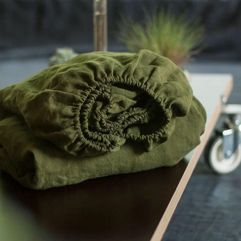 

100% Linen Fitted Sheet (1 Piece) Mattress Cover, Natural Stone Washed Flax Fitted Sheet, 14 Inch Deep Pocket Farmhouse Bedding 47x79 H14 inch moss зелений колір