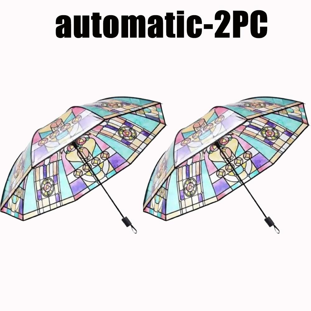 Romantic Vintage Stained Glass Automatic Rainbow Clear Umbrella for Women Rainy Day Fashion Accessory