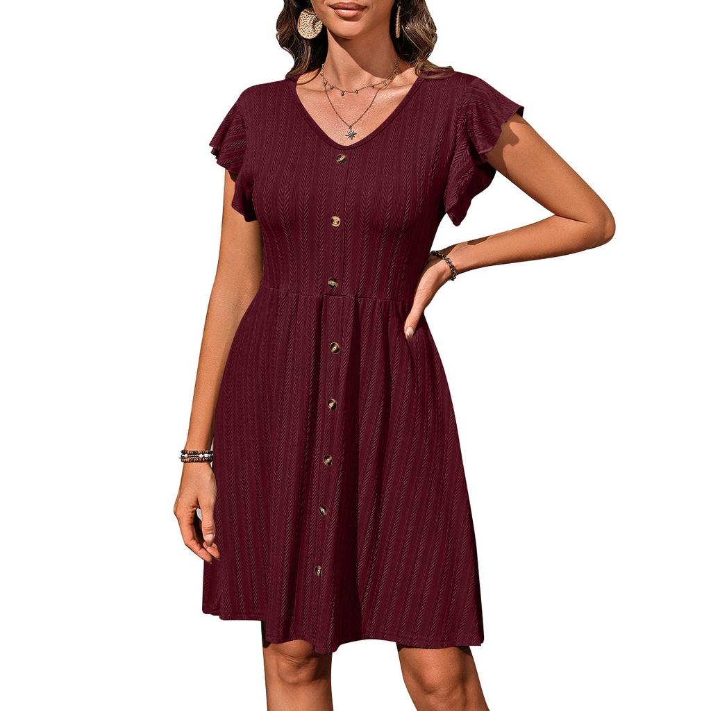Summer V-Neck Buttoned Waist Cinched Elastic Short Sleeve Dress for Women, European American Style Crossborder Women's Dress