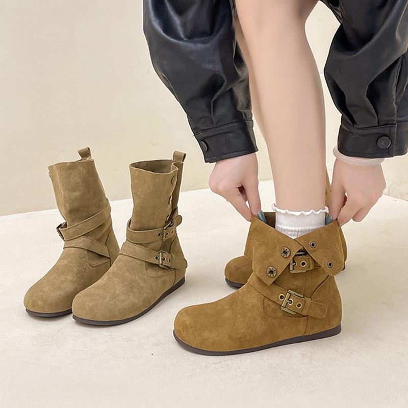 Retro two-wear medium boots Western cowboy fashion boots Women's autumn and winter simple and comfortable casual flat Martin boots