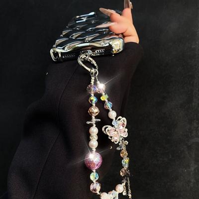 Butterfly Crystal Bead Phone Strap Pearl Anti Loss Cell Phone Chain Handheld Luxury Mobile Phone Lanyard New Year Gift