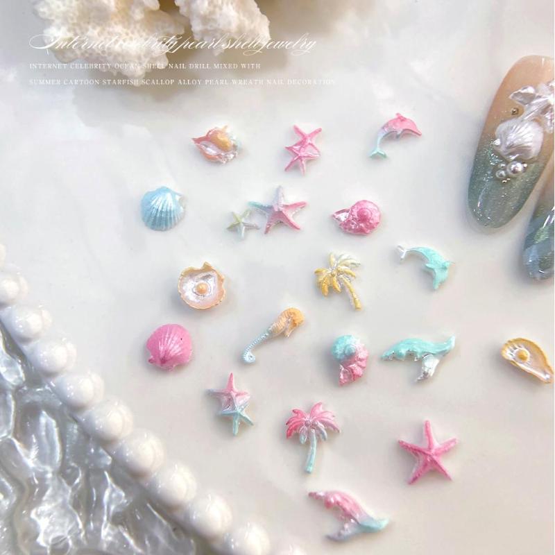50 Pcs Ocean Series Glossy Colorful Shell Starfish Conch Fishtail Resin Nail Art Jewel Decorations Manicure Ornament