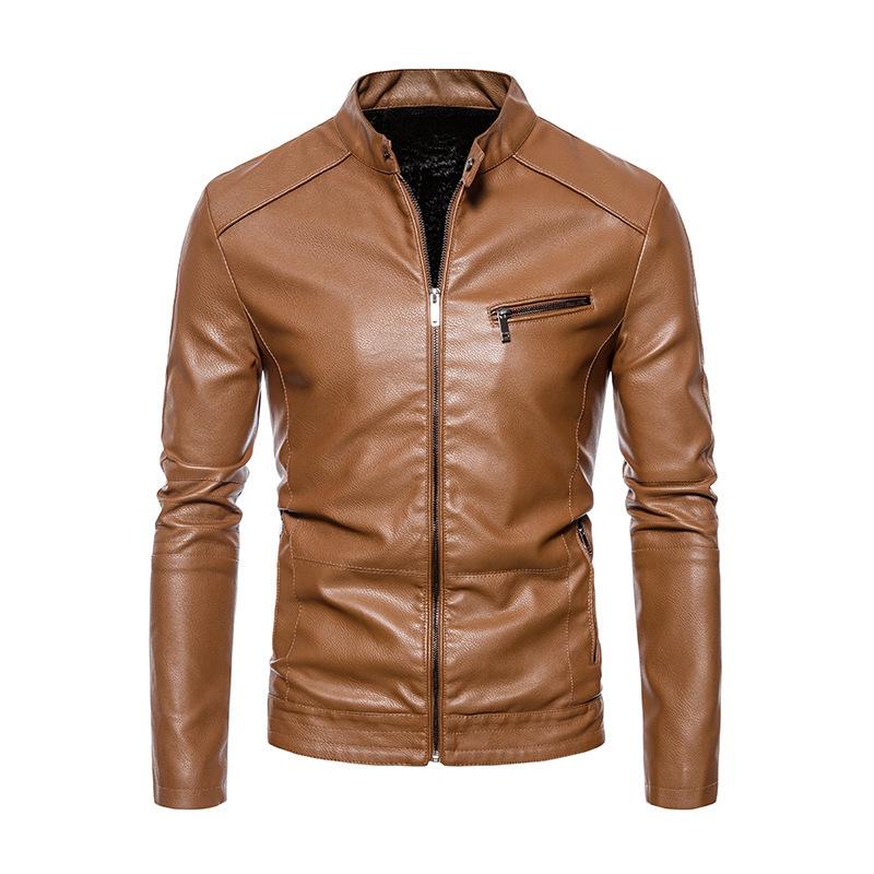 Autumn and winter men's casual leather jacket men's locomotive jacket slim-fitting trend young men's pu leather jacket thin velvet