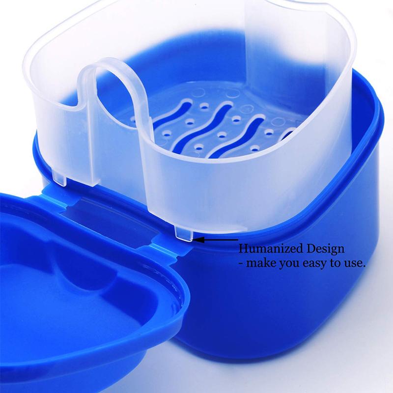 Denture Case, Denture Bath Box False Teeth Storage Box with Basket Net Container