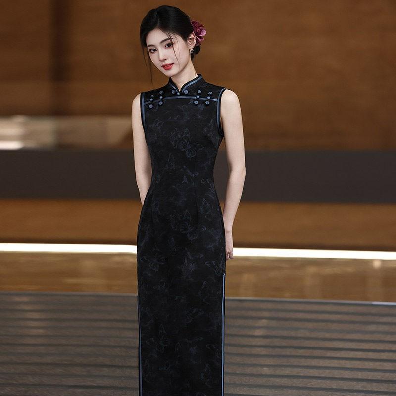Elegant Black Modern Chinese-Inspired Sleeveless Long Cheongsam Dress 2026 Womens Formal Gown Medium