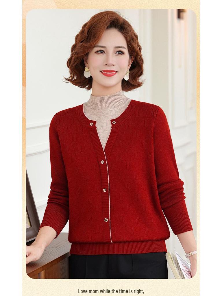 Mom's 2025 Winter Two-Piece Style Plus Velvet Sweater for Middle-Aged & Elderly Women - Thickened Autumn/Winter Velvet Base Layer Shirt