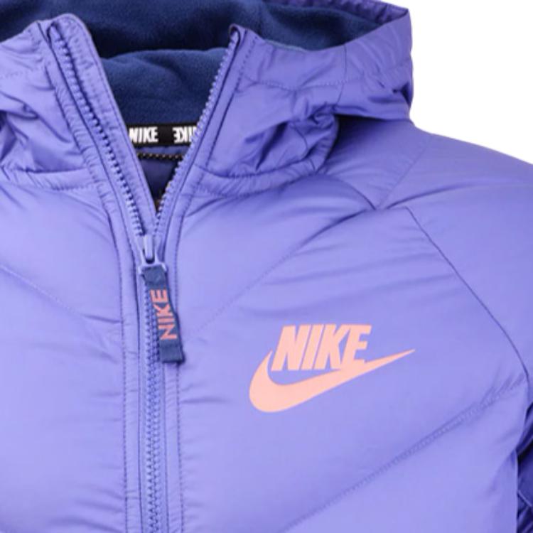 Nike Patchwork-Design Markenlogo Bedruckte Daunenjacke mit Kapuze Kinderjacken Lila 939557-554