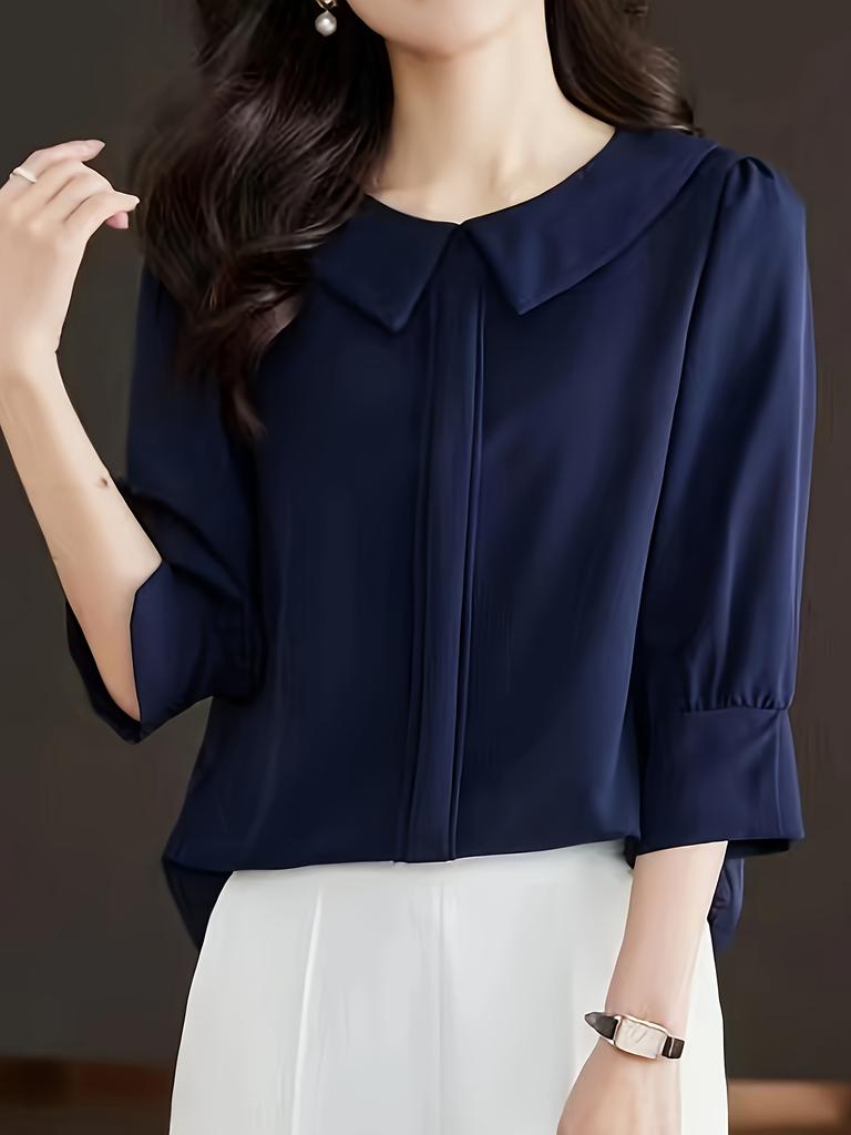 Solid Pater Pan Collar Blouse, Elegant 3/4 Sleeve Blouse for Spring & Fall, Women's Clothing