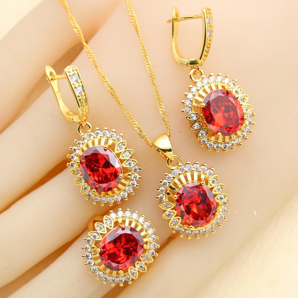 New Arrivals Gold Color Jewelry Sets For Women Wedding Green Zircon Bracelet Earrings Necklace Pendant Ring Gift