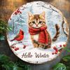High Definition Wooden Plaque Hello Winter Cute Kitten with Red Scarf Round Wood Sign Snowy Cat  Cardinal Bird Print Wall Art