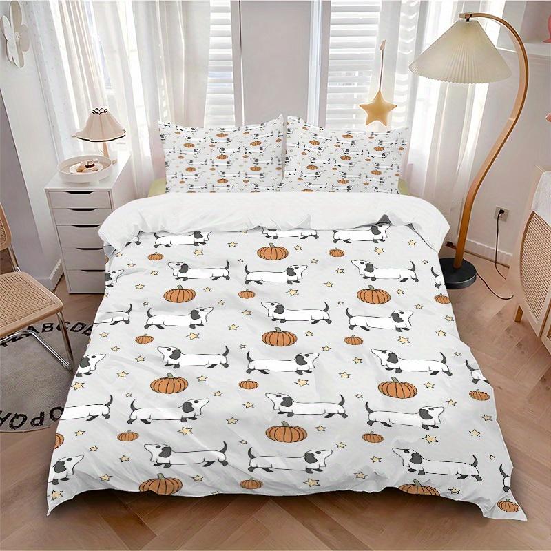 

3 шт. Комплект постельного белья с принтом таксы-тыквы, Модный классический популярный принт, Мягкий, удобный, Для использования в любое время года, Для спальни, гостевой комнатыa0819163 135x200cm