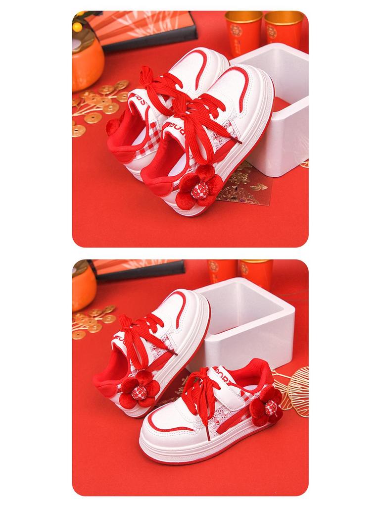 2025 Winter Girls' Red Non-Slip Sports Shoes - Versatile, Casual Board Shoes for Medium and Large Children