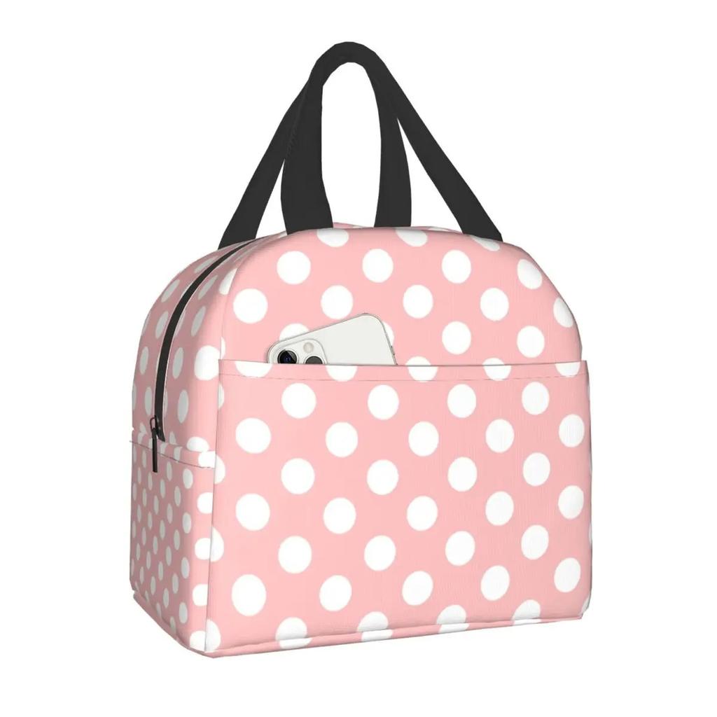Black and White Polka Dots Lunch for Women | Portable Insulated Thermal Cooler Lunch Box Work School Travel Picnic Bags, Oxford