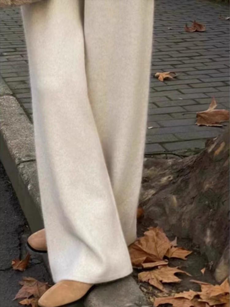 Women's 100% Australian Wool Wide-Leg Pants - Extra Long Cashmere Knit for Autumn/Winter
