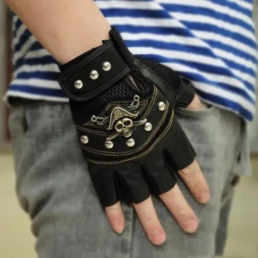 1 Pair Cycling Gloves PU Leather Skull Punk Black Driving Motorcycle Biker Fingerless Tactical Gloves Mens Womens Gloves