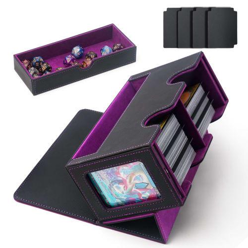 AWESOPAL Deck Case with Two Display Windows and a Large Dice Tray, Holds 200 Double-Sleeved Cards, and Features Four Compartments (Black & Purple)