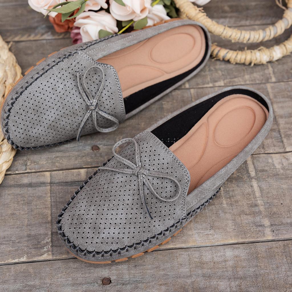 Women Slip On Loafers Soft Sole Casual Moccasin Shoes Perforated Upper with Bow Accent Comfortable Footbed