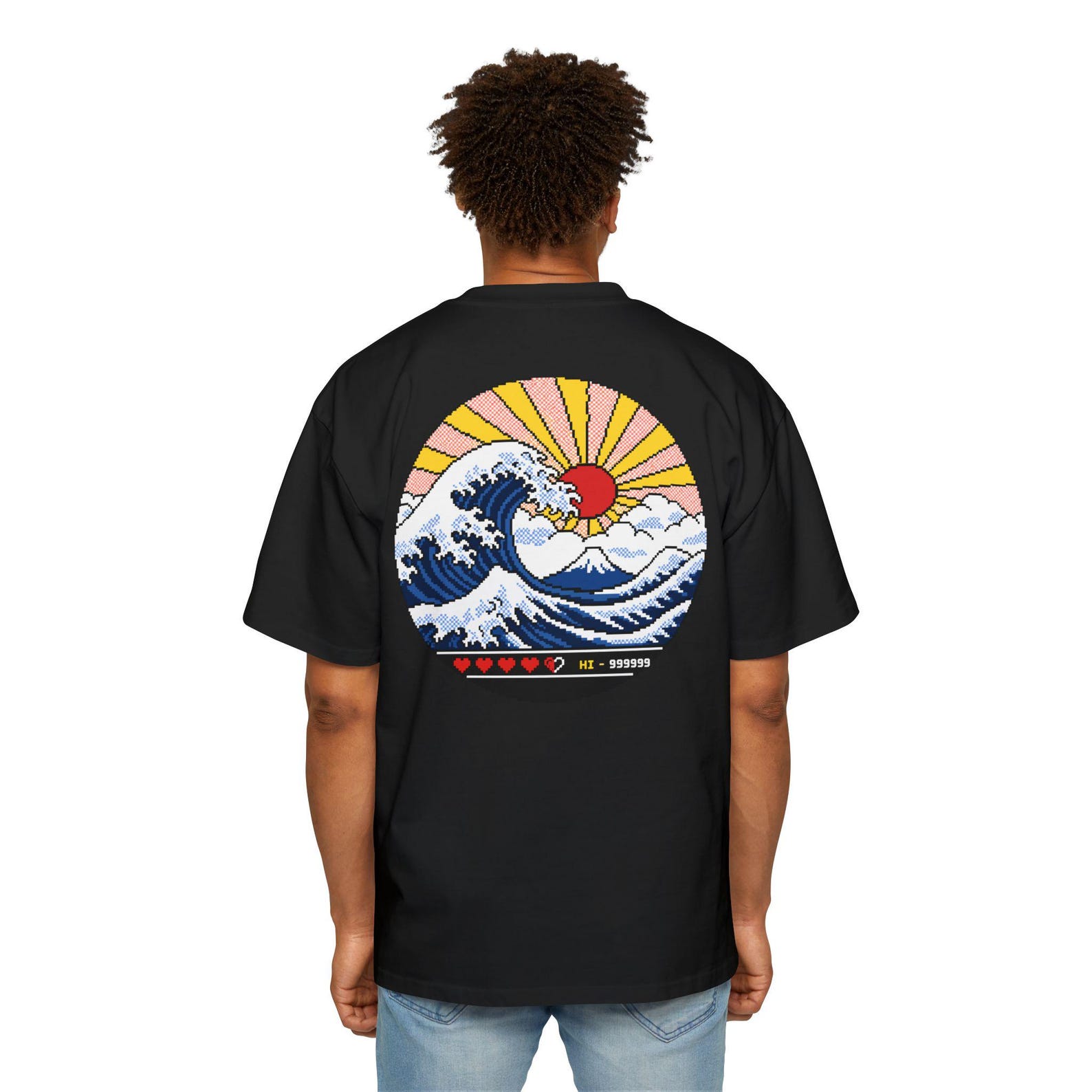 Retro Gaming Wave T-Shirt | The Great Wave Series XV - Arcade Tide | Pixel Art Tee | 8 Bit Ocean Back Print 4XL