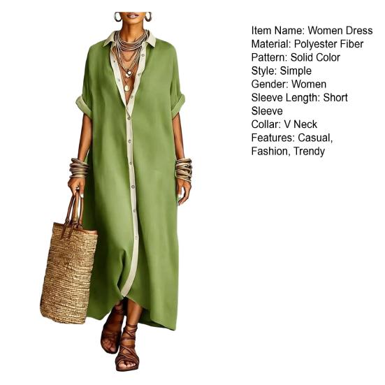 Summer Maxi Dress for Women Button Down Short Sleeve Tunic Shirt Dress Casual Travel Vacation Loose Long Dress