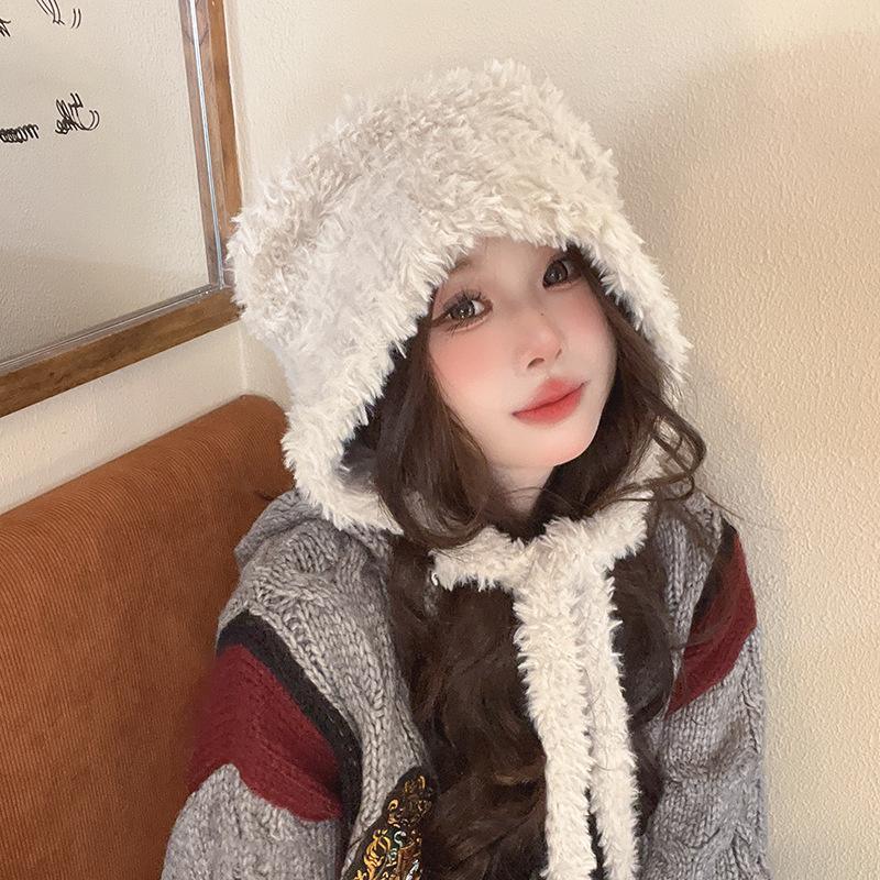 Cute Bear Plush Hat for Women In Autumn and Winter Ear Protection Straps Knitted Wool Hat Riding Windproof Warmth Lei Feng Hat
