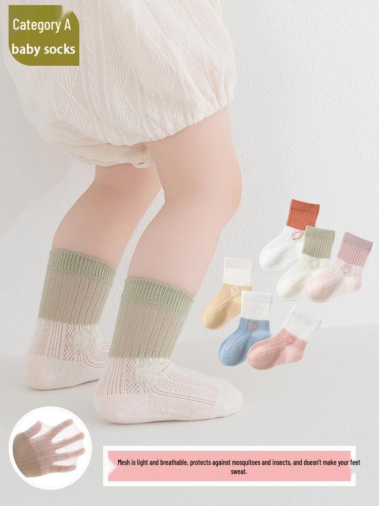 Class A Cotton Baby Socks - Breathable, Seamless, Loose Cuff, Mid-Calf Mesh for Newborns