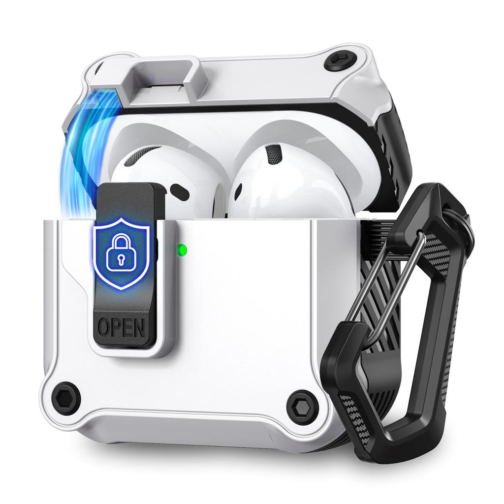 AHASTYLE WG167 For AirPods 4 Protective Case Integrated Safety Lock Switch Button Earphone Cover with Carabiner