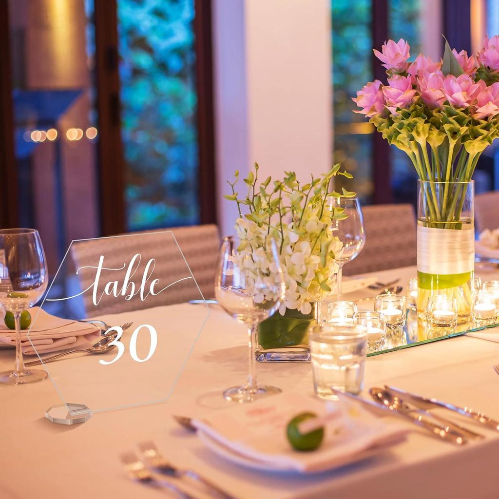 30 Pieces Acrylic Table Numbers 1-30 for Wedding Reception Clear Table Number Signs 1-30 with Stand Hexagonal Rectangle for Wedding Event Party