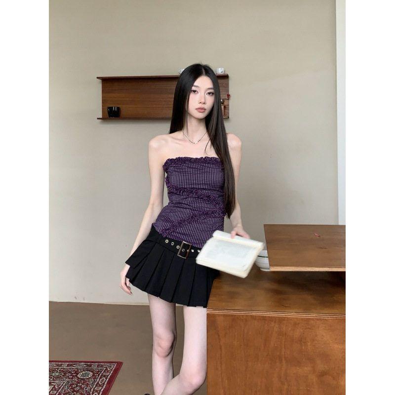 

Real Shot of In-Stock Purple Cross Lace Strapless Tank Top with Elastic Summer Top Purple Stripes S