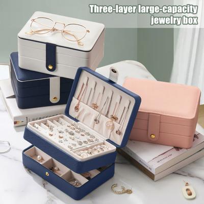 Jewellery Box 3 Layers Large Capacity Faux Leather Storage Organiser Cross Pattern Case with Necklace Hangers Removable Compartment