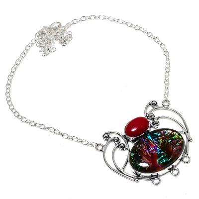 Natural Dicorich Glass, Coral Handmade 925 Sterling Silver Necklace 18" J2w56