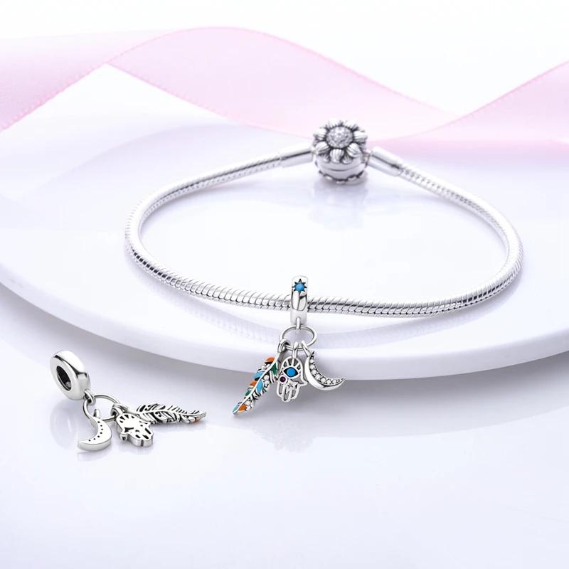 Charms Copperplated Feather Palm Eyes Star Moon Pendants Fit Charms Original Bracelet Beads Women Jewellery Making Diy