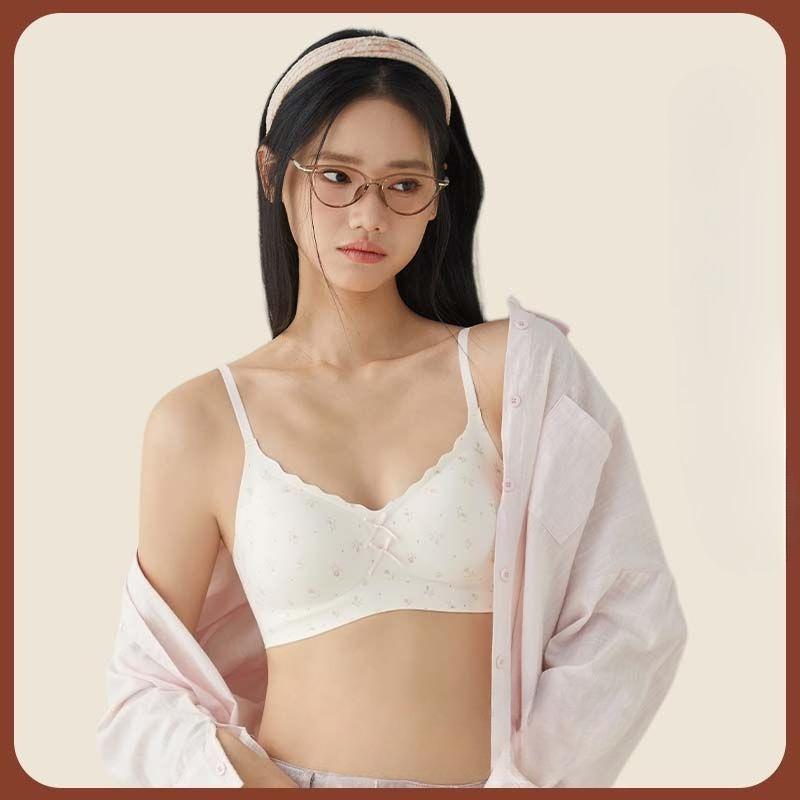 

Girl Spring and Summer Small Broken Flower Wave Point Gather Comfortable No Trace Pull Up Soft Support Fixed Cup Underwear 40/90AB рожевий