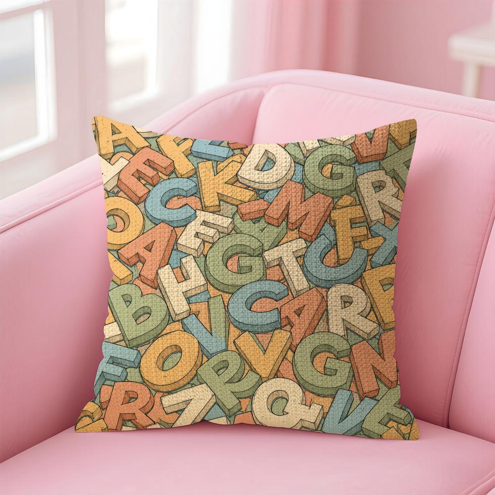 Colorful Alphabet Playful Letter Cushion Cover Natural Linen Organic Fabric DoubleSided Printing Sofa Home Decor Pillow Case