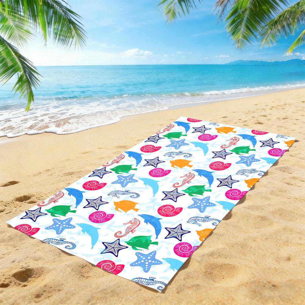 Vibrant Underwater Creatures Beach Towel – Soft Absorbent Microfiber with Seahorse & Seashell Print for Summer