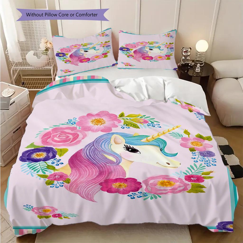 Unicorn Art Portrait Bedding, Duvet Cover, Pillowcase, Home Decoration, Birthday Gift (1 * Duvet Cover+2 * Pillowcase, Coreless)