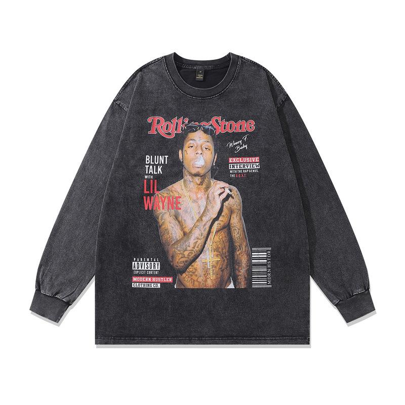 Hip Hop Rap Portrait Print Long Sleeve T-Shirt Autumn Retro Fried Color Men'S Crew Neck Sweater