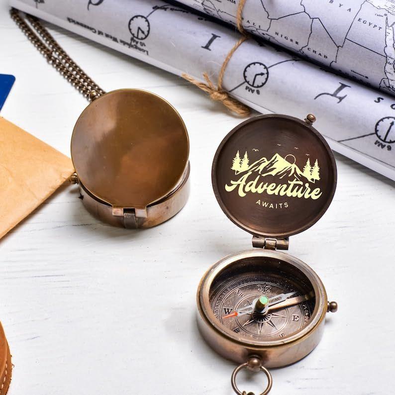 Personalized Pocket Compass Brass Nautical with Leather Cover Birthday Gift for Your Lovedones