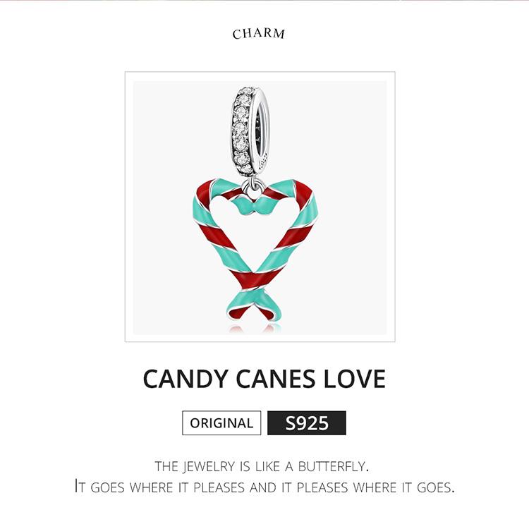Bamoer 925 Sterling Silver Candy Canes Love Pendant Fit for Women Bracelet & Bangle Christmas Gift