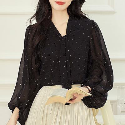 Mode Automne Nouvelle Manches Longues Col Nœud Chemisier Chemise Chiffon à Pois Femme Hauts J410